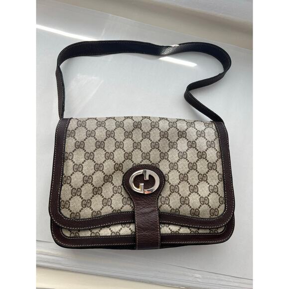 Vintage Gucci Bag Shoulder Purse Brown Monogram Logo Tan 70s 80s Flap - Picture 2 of 16